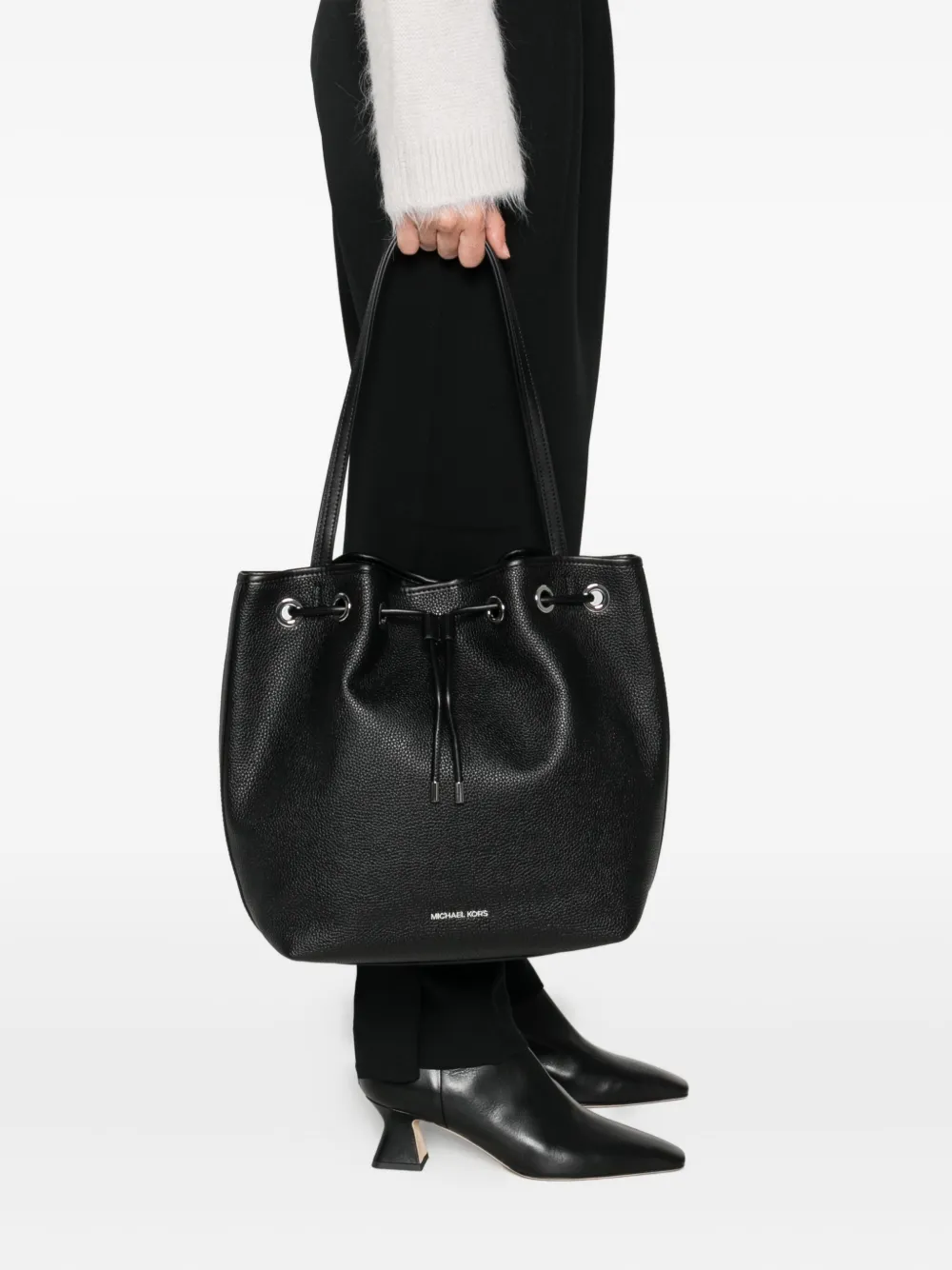 Michael Michael Kors Drawstring Leather Tote Bag In Black