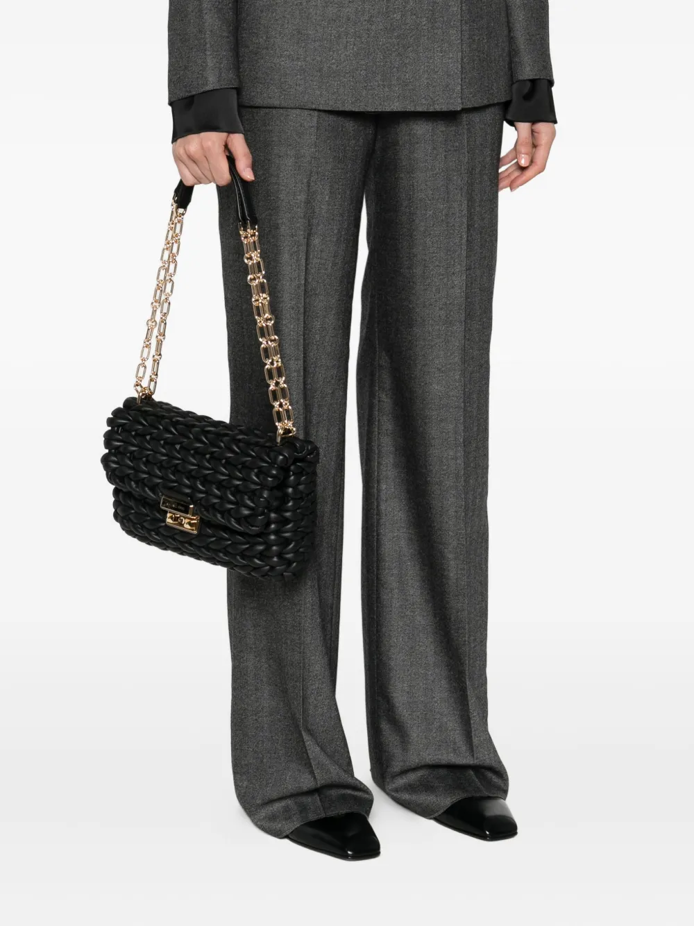 Michael Michael Kors Braided-leather Chain-strap Satchel Bag In Black