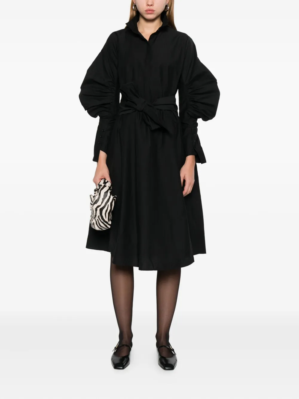 Psophia Ruched-detail Belted Midi Dress In Black