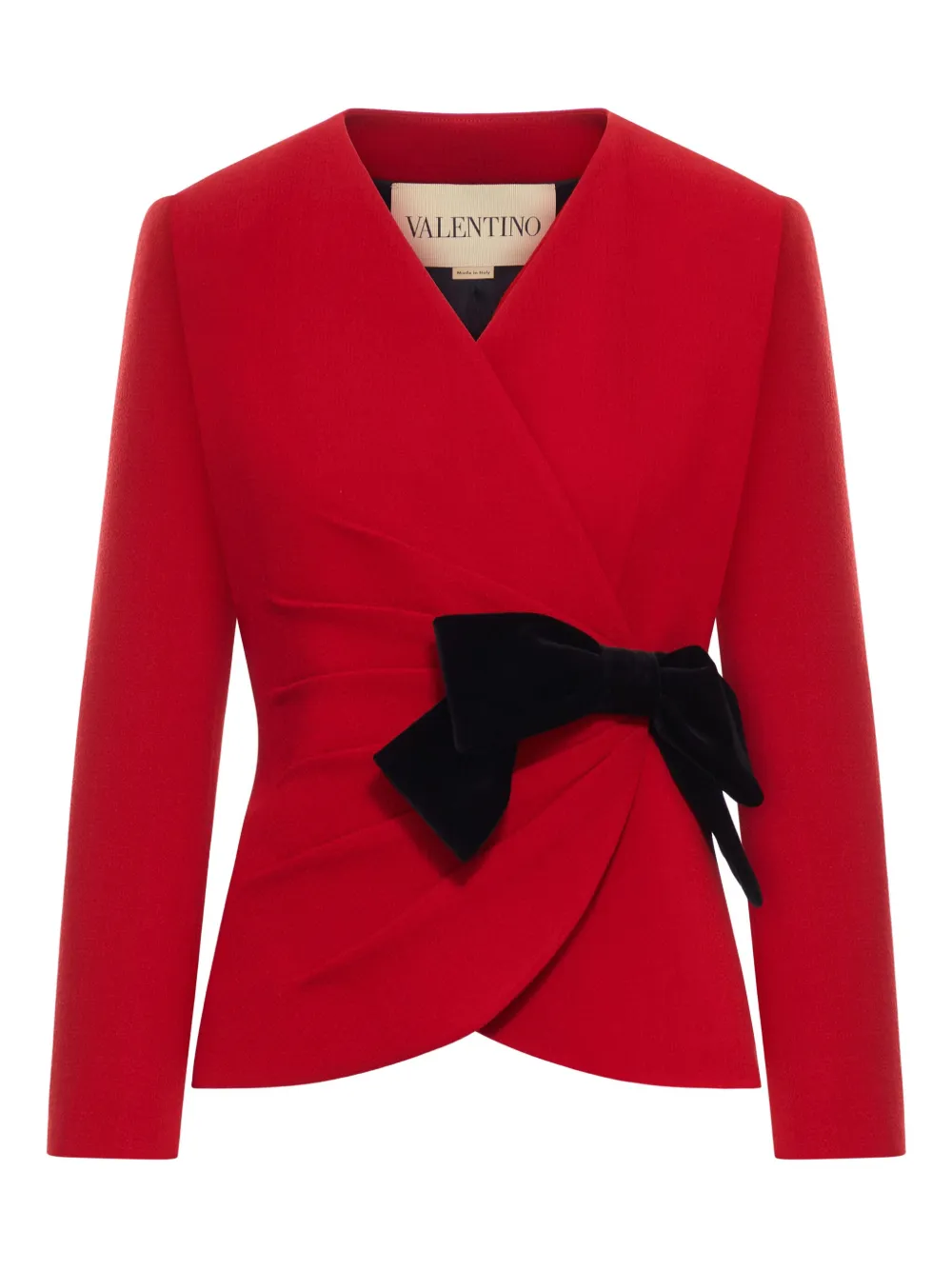 Valentino Bow-detailed Ruched Wool-crepe Wrap Jacket In Red