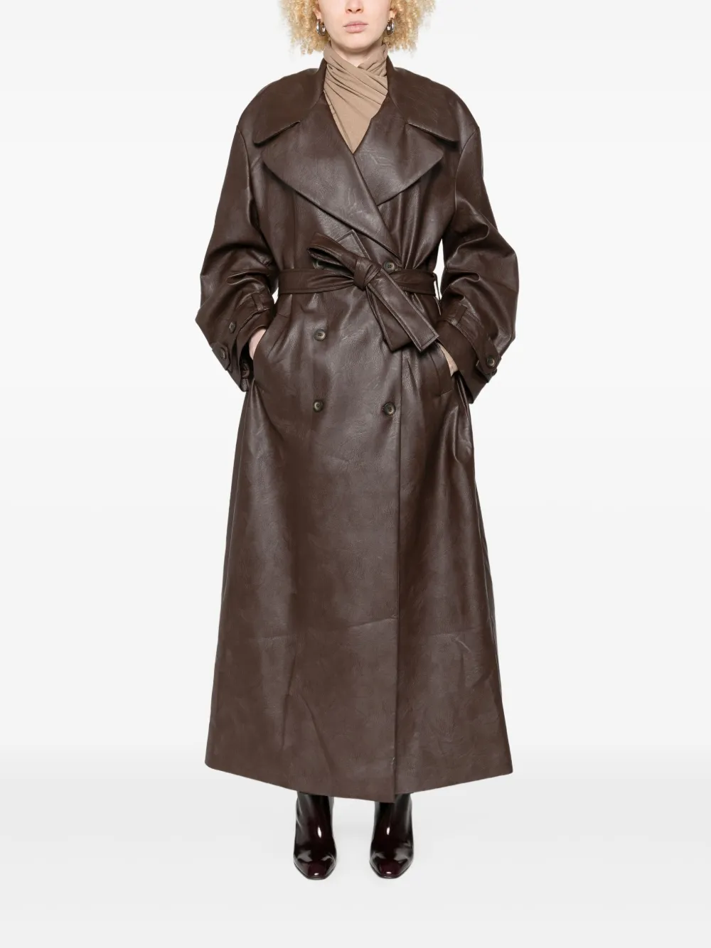 Aniye By belted double-breasted leather coat - Bruin