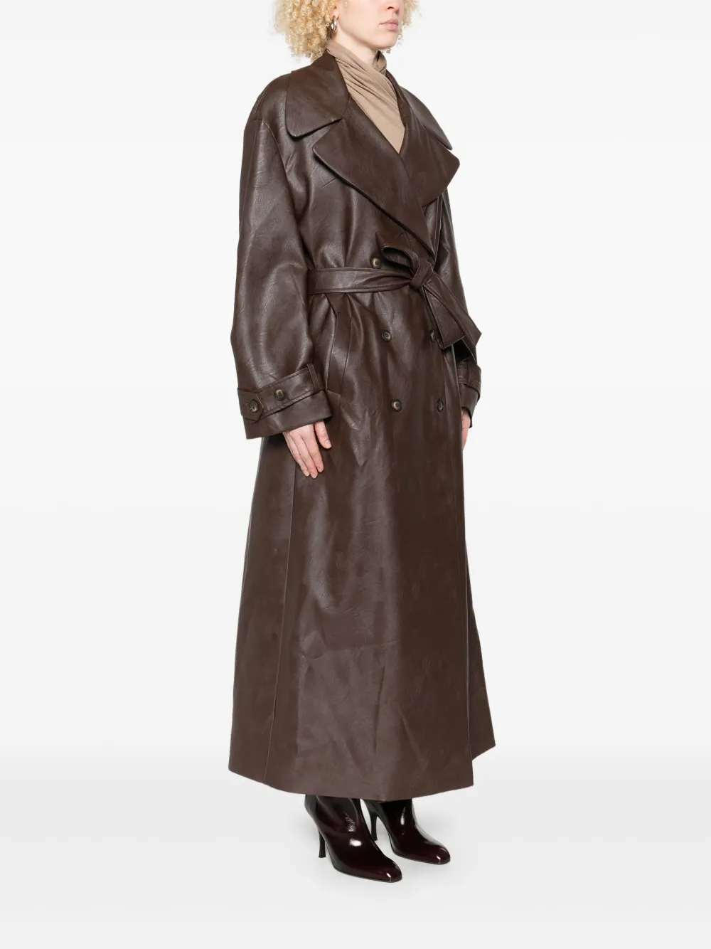 Aniye By Belted Double-breasted Leather Coat In Brown