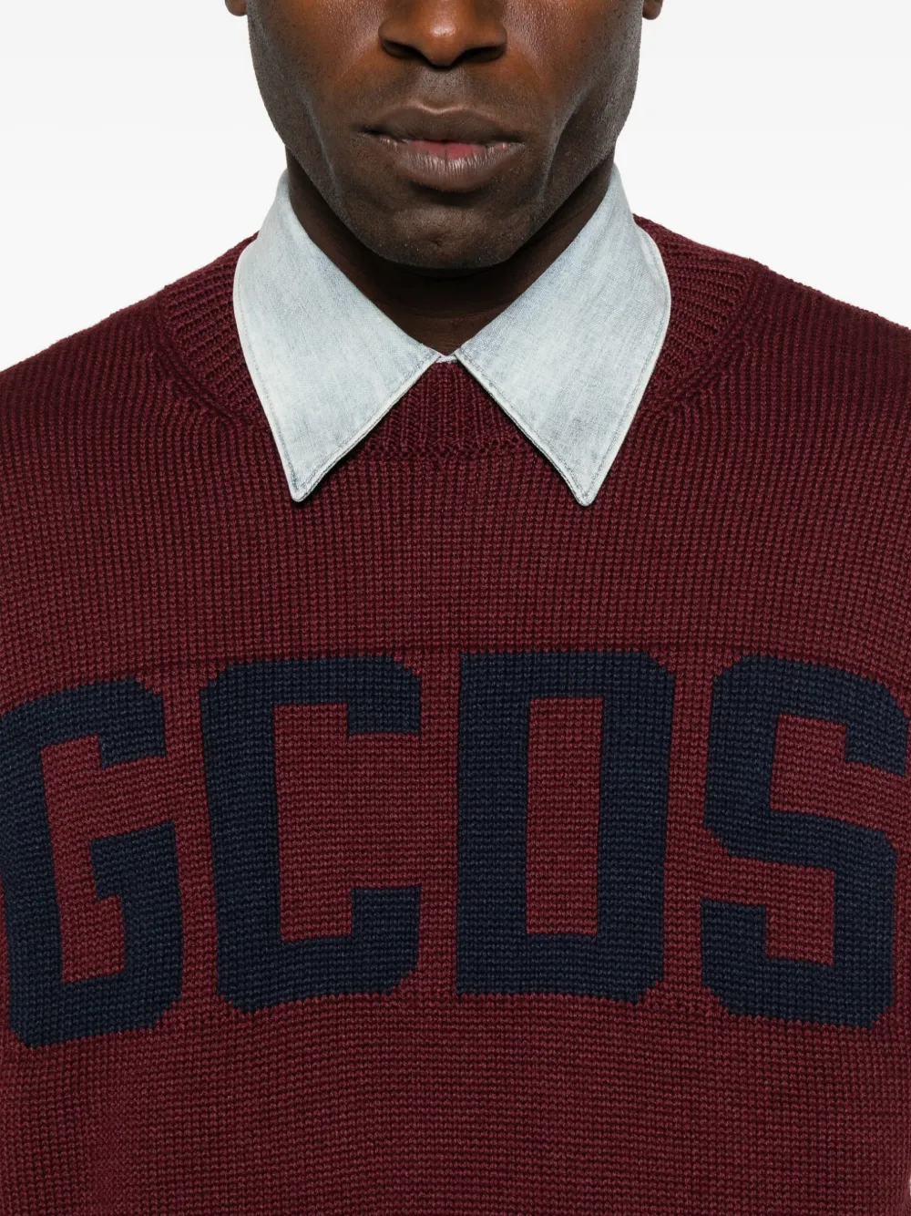 Gcds Bordeaux Knit Sweater With Navy Logo And Striped Sleeves In Red