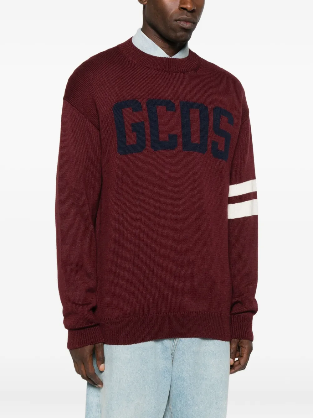 Gcds Bordeaux Knit Sweater With Navy Logo And Striped Sleeves In Red