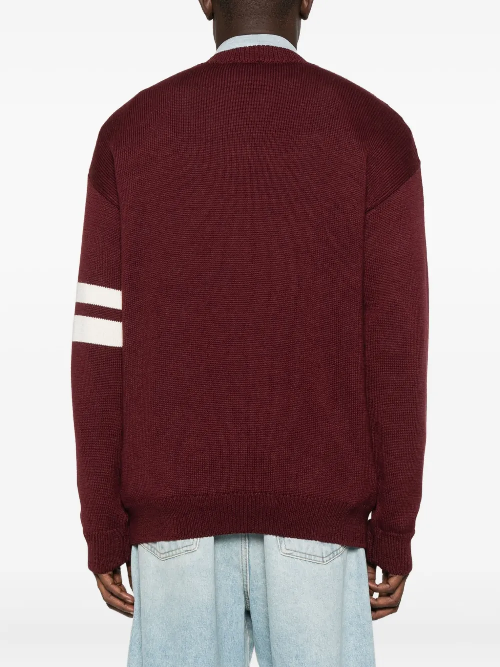 Gcds Bordeaux Knit Sweater With Navy Logo And Striped Sleeves In Red