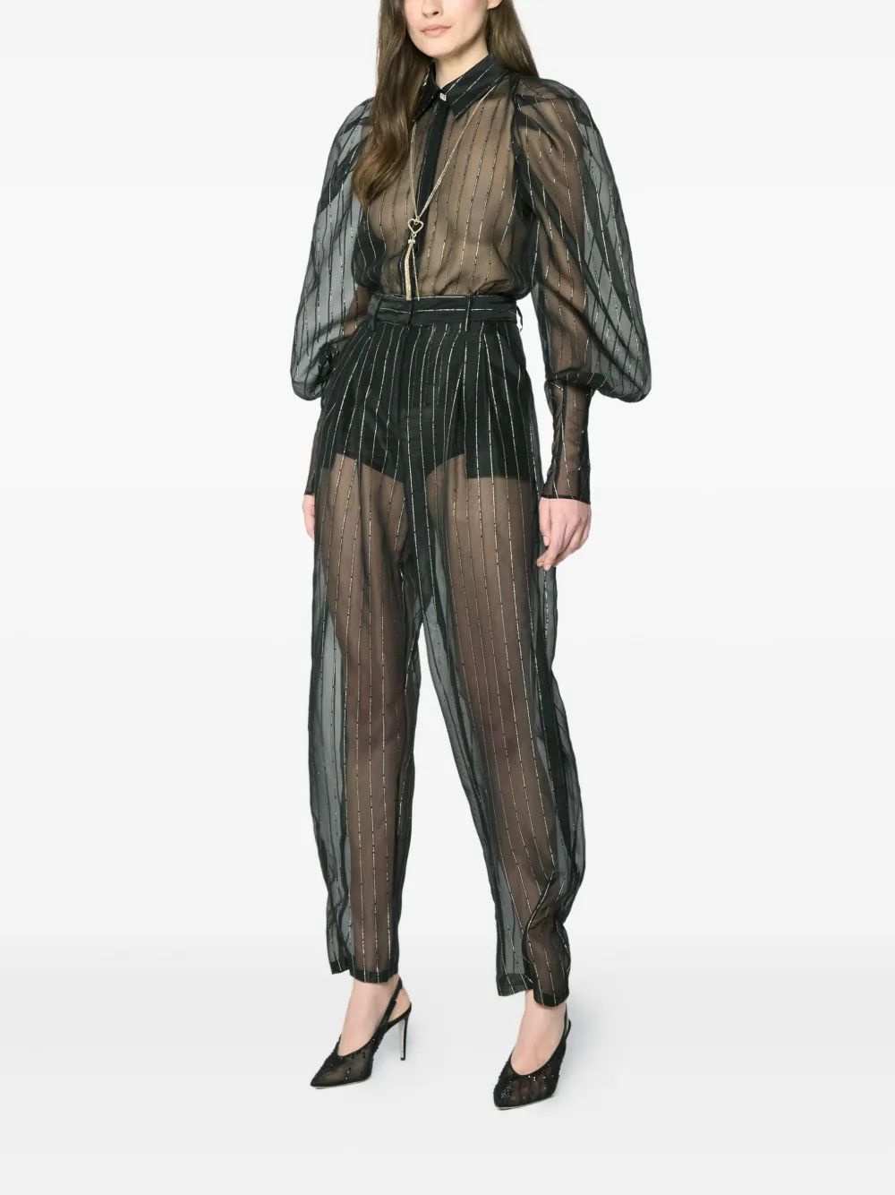 Genny Pinstriped Sheer Trousers In Black