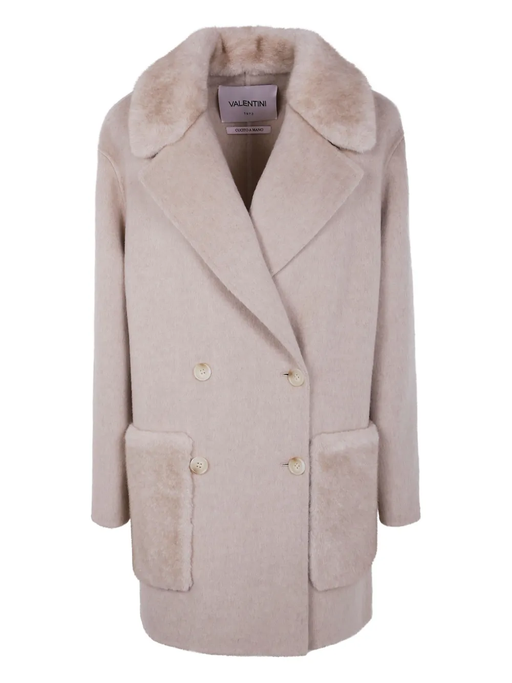 Valentini 1972 Faux-fur Trim Double-breasted Coat In Neutral