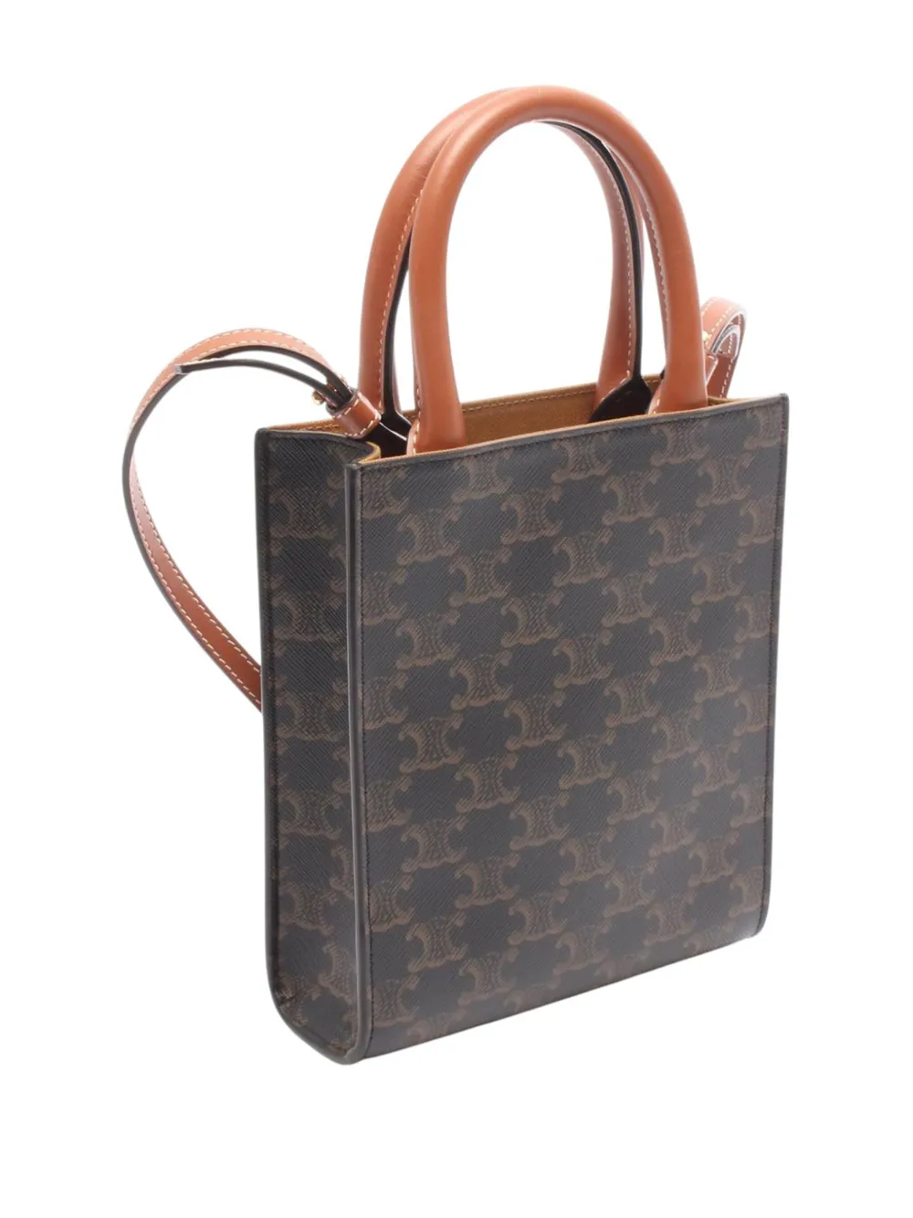 Pre-owned Celine 2018-2025 Mini Triomphe Coated Canvas Vertical Cabas Satchel In Brown
