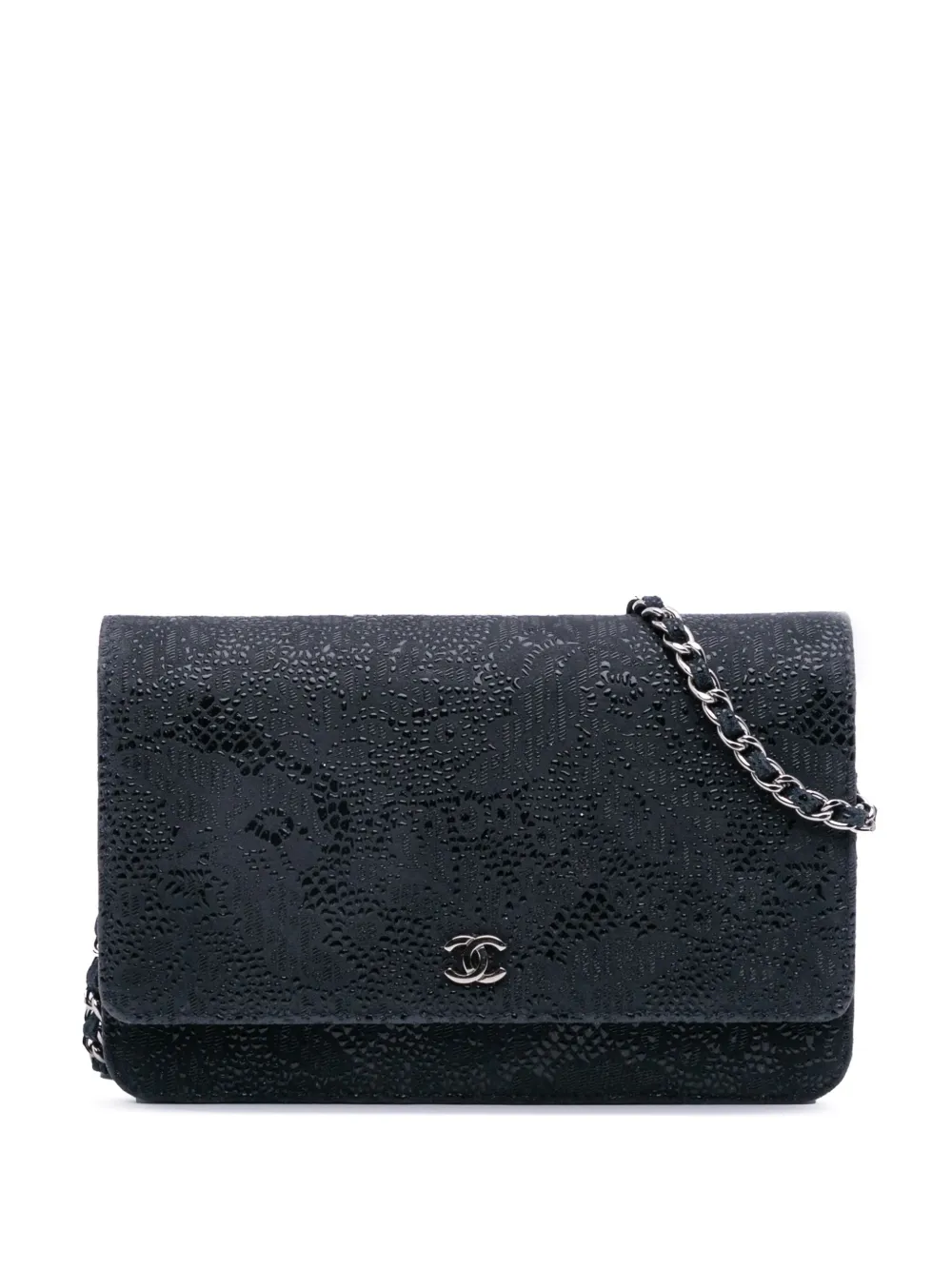CHANEL Pre-Owned 2014 レースオーバーレイ ゴートスキン ウォレットオンチェーン ショルダーバッグ - ブルー CHANEL Pre-Owned 2014 レースオーバーレイ ゴートスキン ウォレットオンチェーン ショルダーバッグ - ブルー