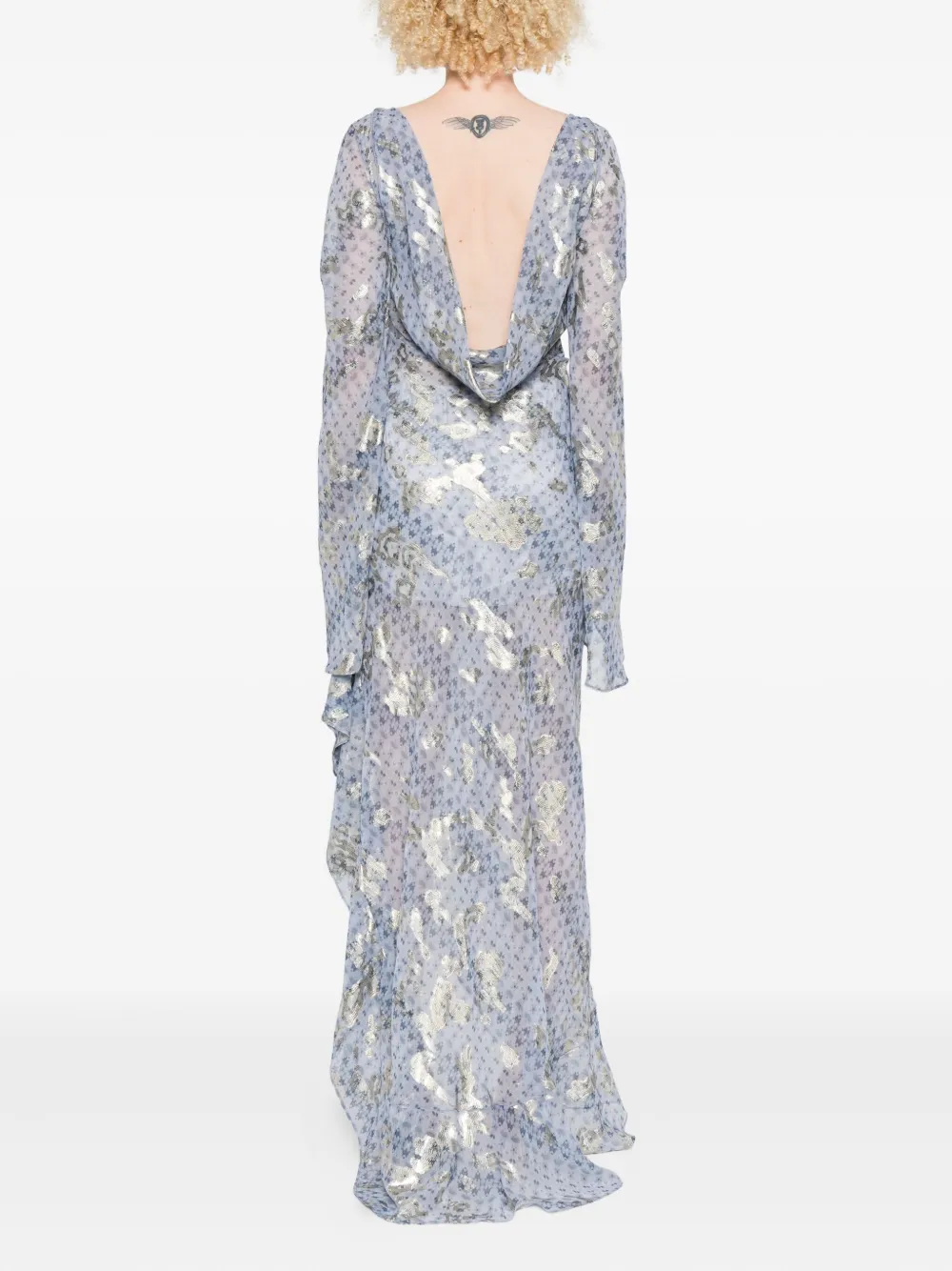 Miau By Clara Rotescu Story Metallic-print Ruffle-trim Maxi Dress In Blue