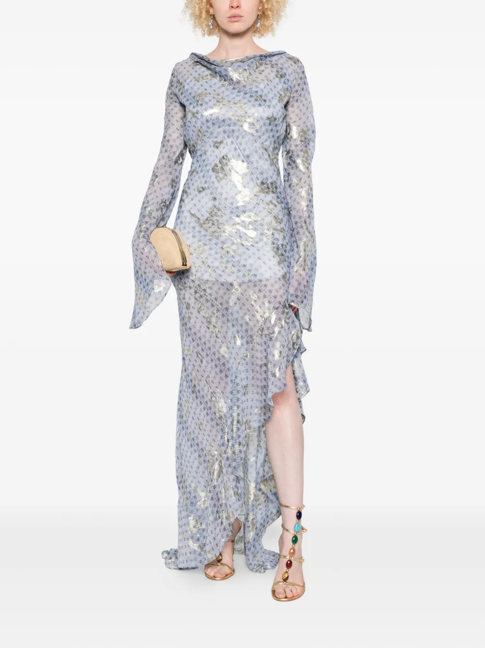 MIAU by Clara Rotescu Story metallic-print ruffle-trim maxi dress - Blauw