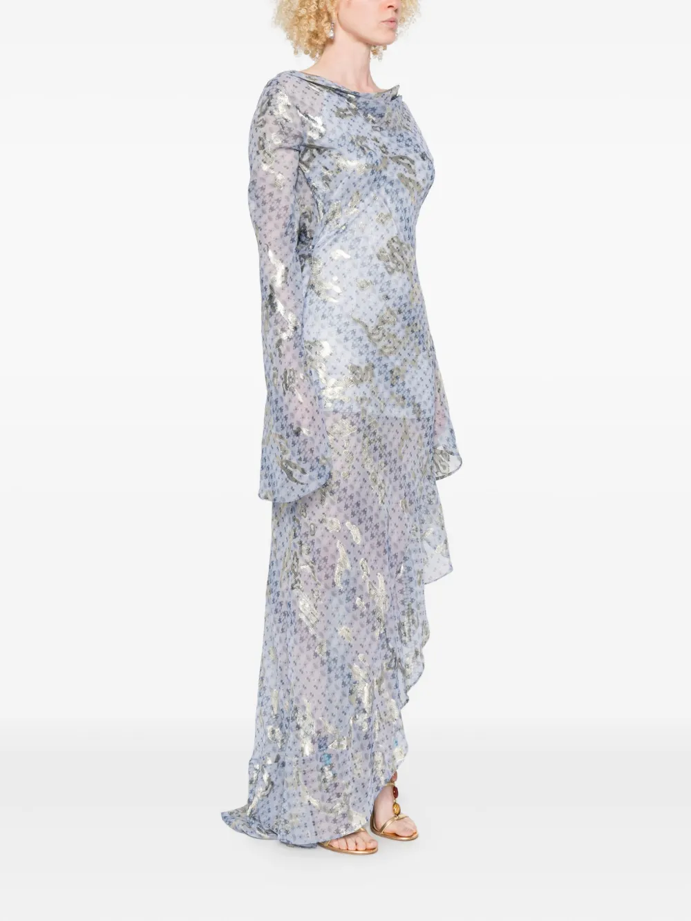Miau By Clara Rotescu Story Metallic-print Ruffle-trim Maxi Dress In Blue