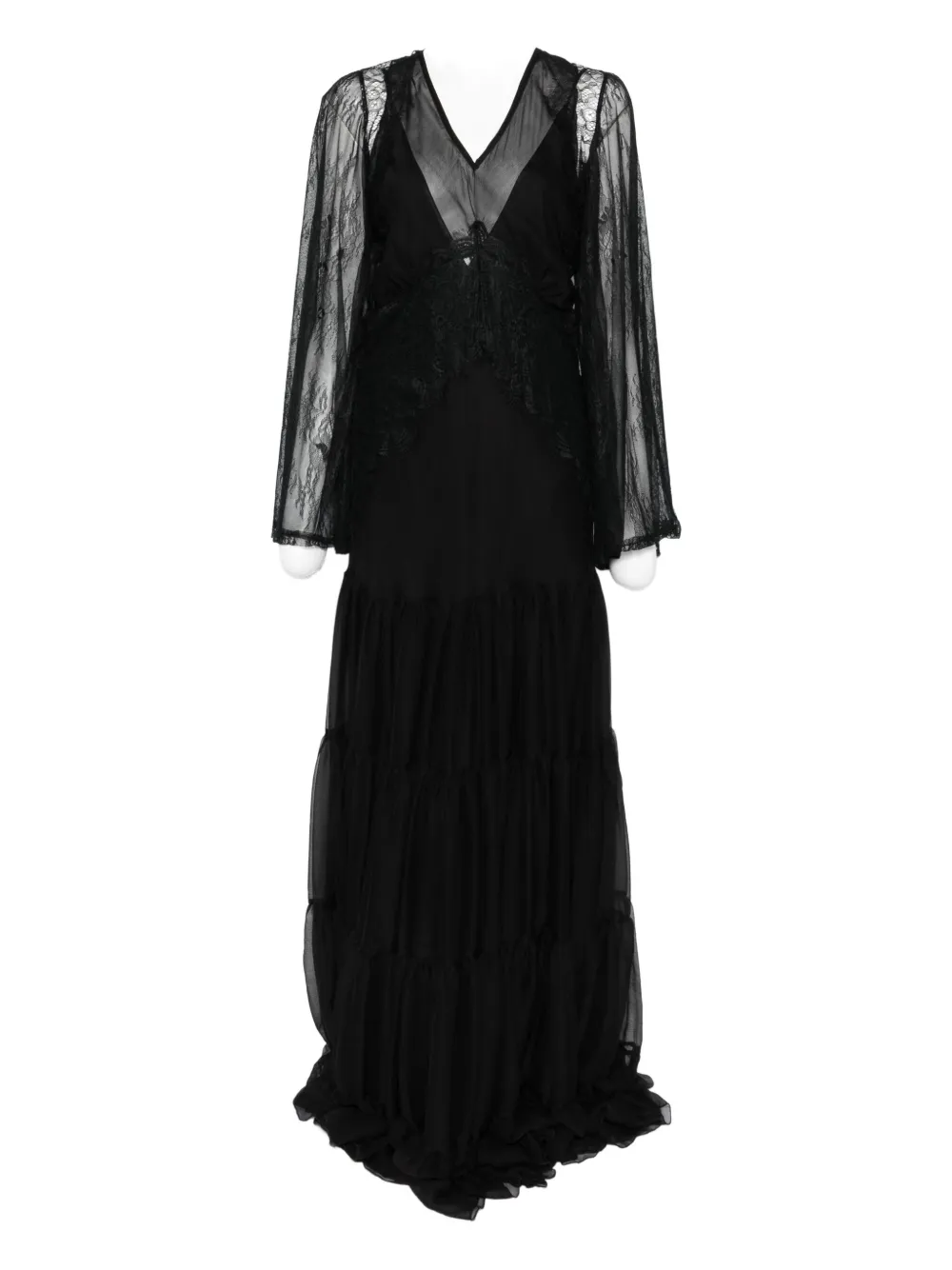 Miau By Clara Rotescu Lace-panel Tiered Maxi Dress In Black