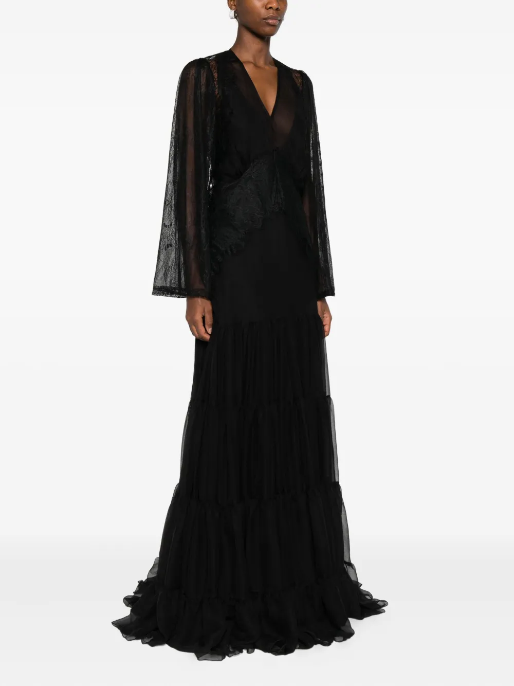 Miau By Clara Rotescu Lace-panel Tiered Maxi Dress In Black