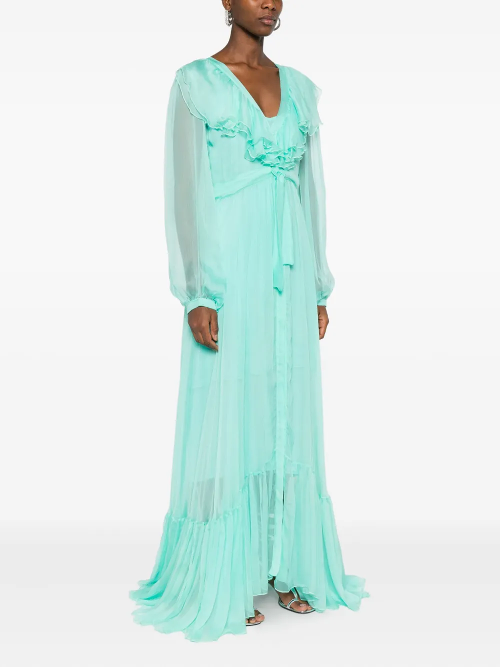 Miau By Clara Rotescu Ruffled Maxi Dress In Green