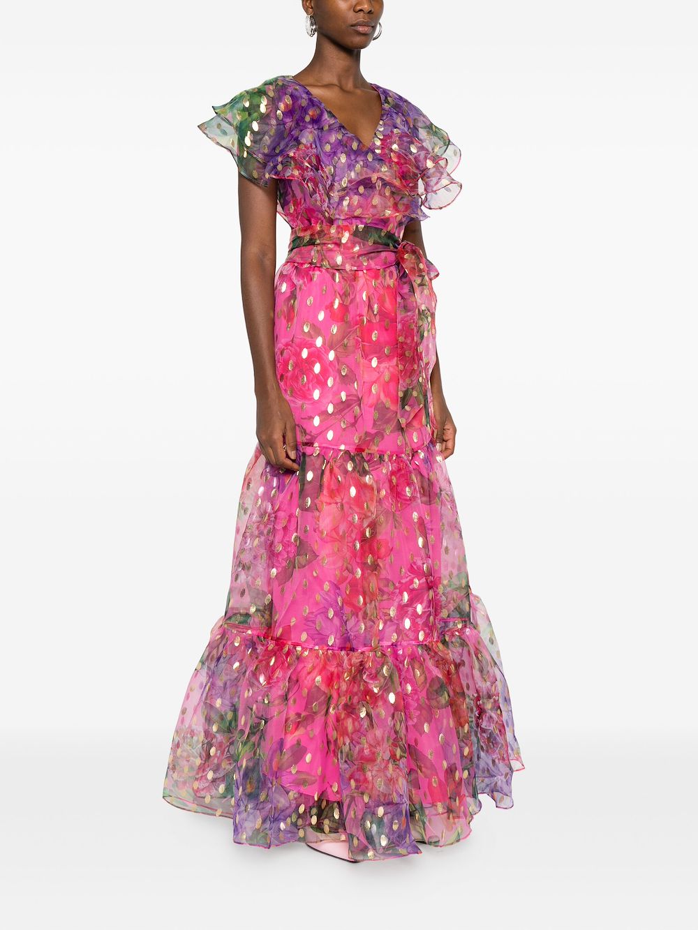 Miau By Clara Rotescu Floral-print Ruffled Maxi Dress In Pink