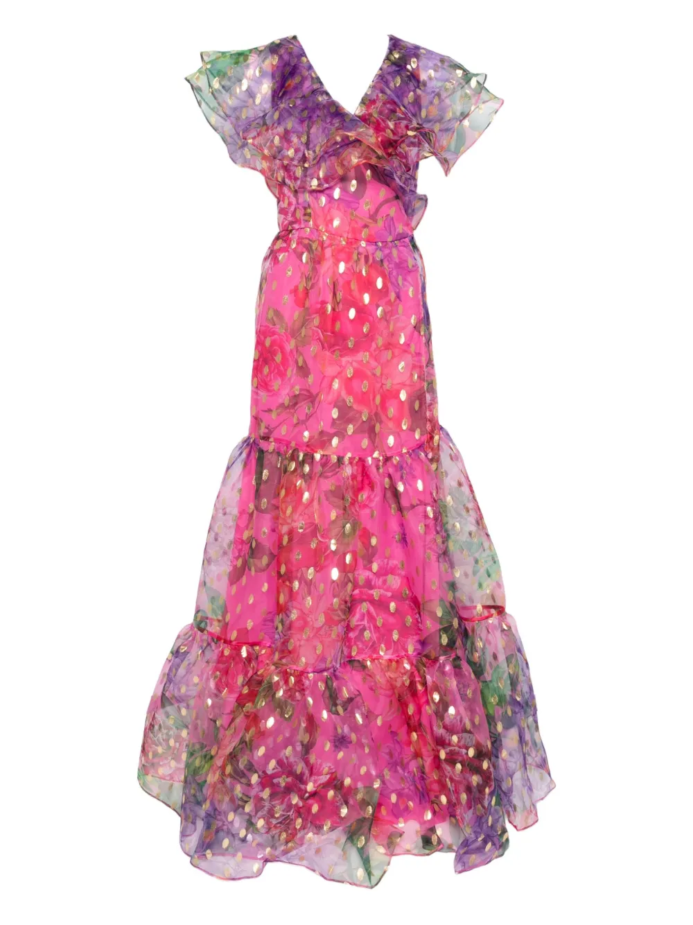 Miau By Clara Rotescu Floral-print Ruffled Maxi Dress In Pink