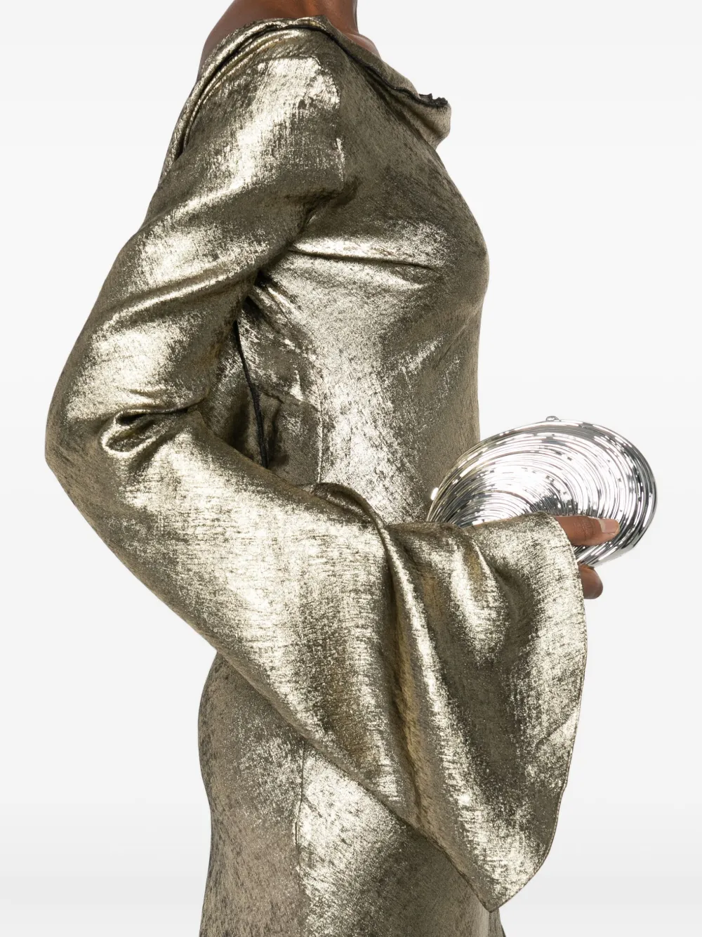 Miau By Clara Rotescu Lyra Ruffled-trim Bell-sleeve Maxi Dress In Gold