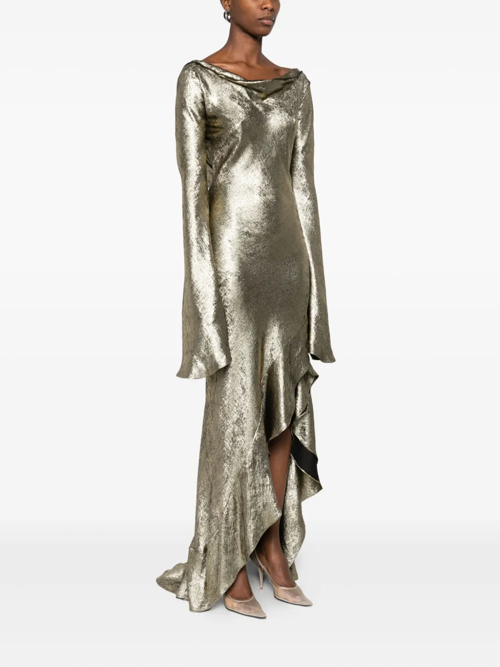 Miau By Clara Rotescu Lyra Ruffled-trim Bell-sleeve Maxi Dress In Gold