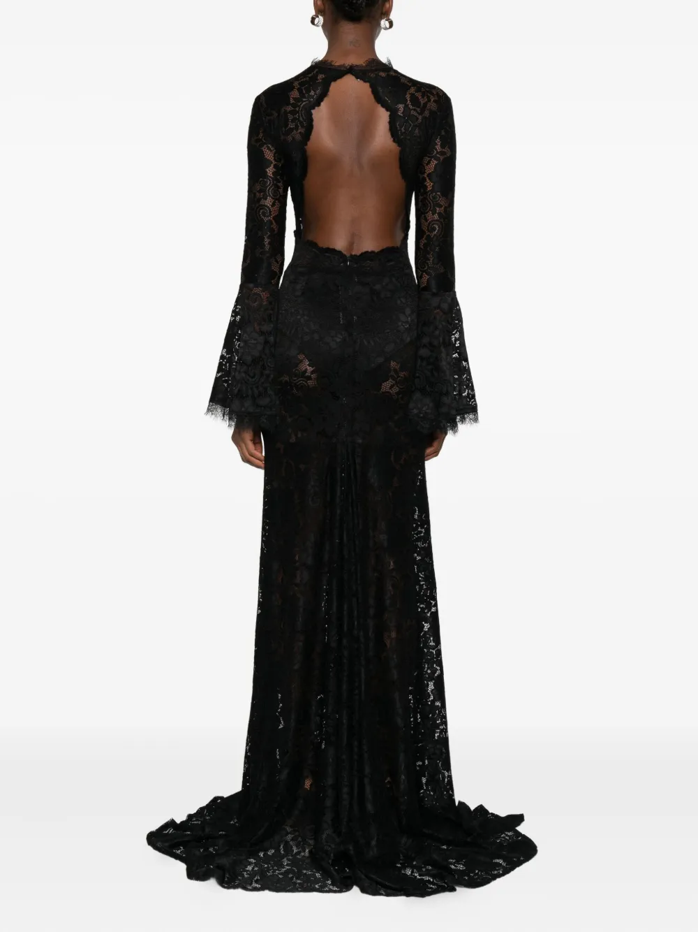 Miau By Clara Rotescu Lace-panelled Bell-sleeve Dress In Black