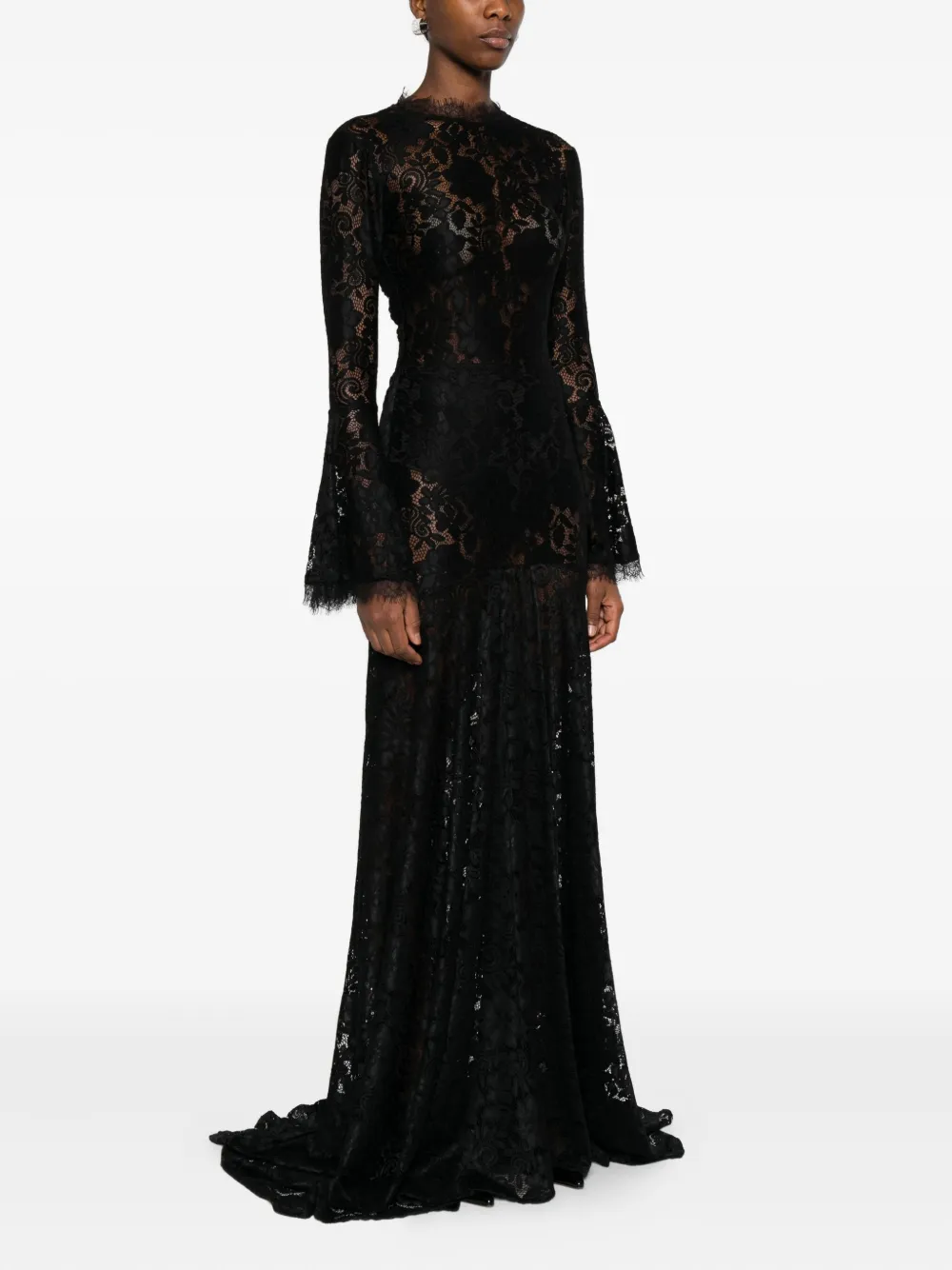 Miau By Clara Rotescu Lace-panelled Bell-sleeve Dress In Black