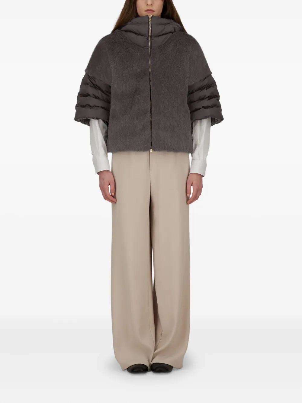 Herno Cape In Satin And Lady Alternative Fur In Brown