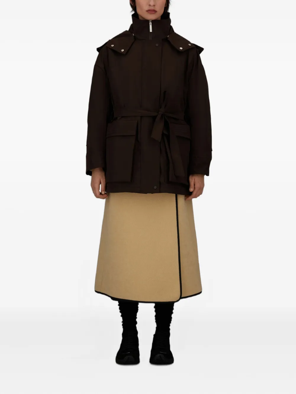 Herno Hooded Belted Jacket In Brown