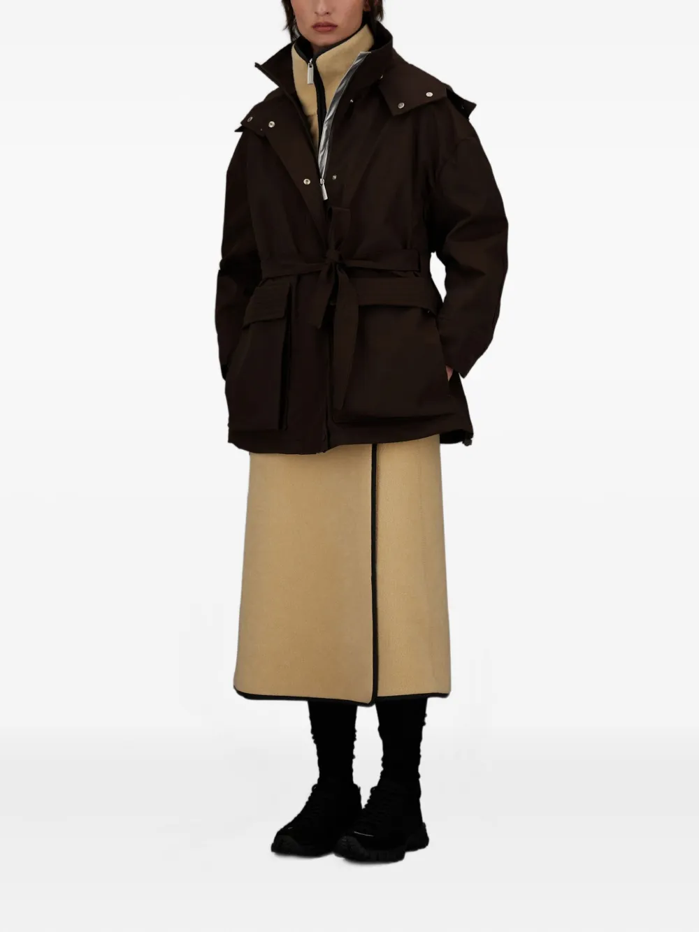 Herno Hooded Belted Jacket In Brown