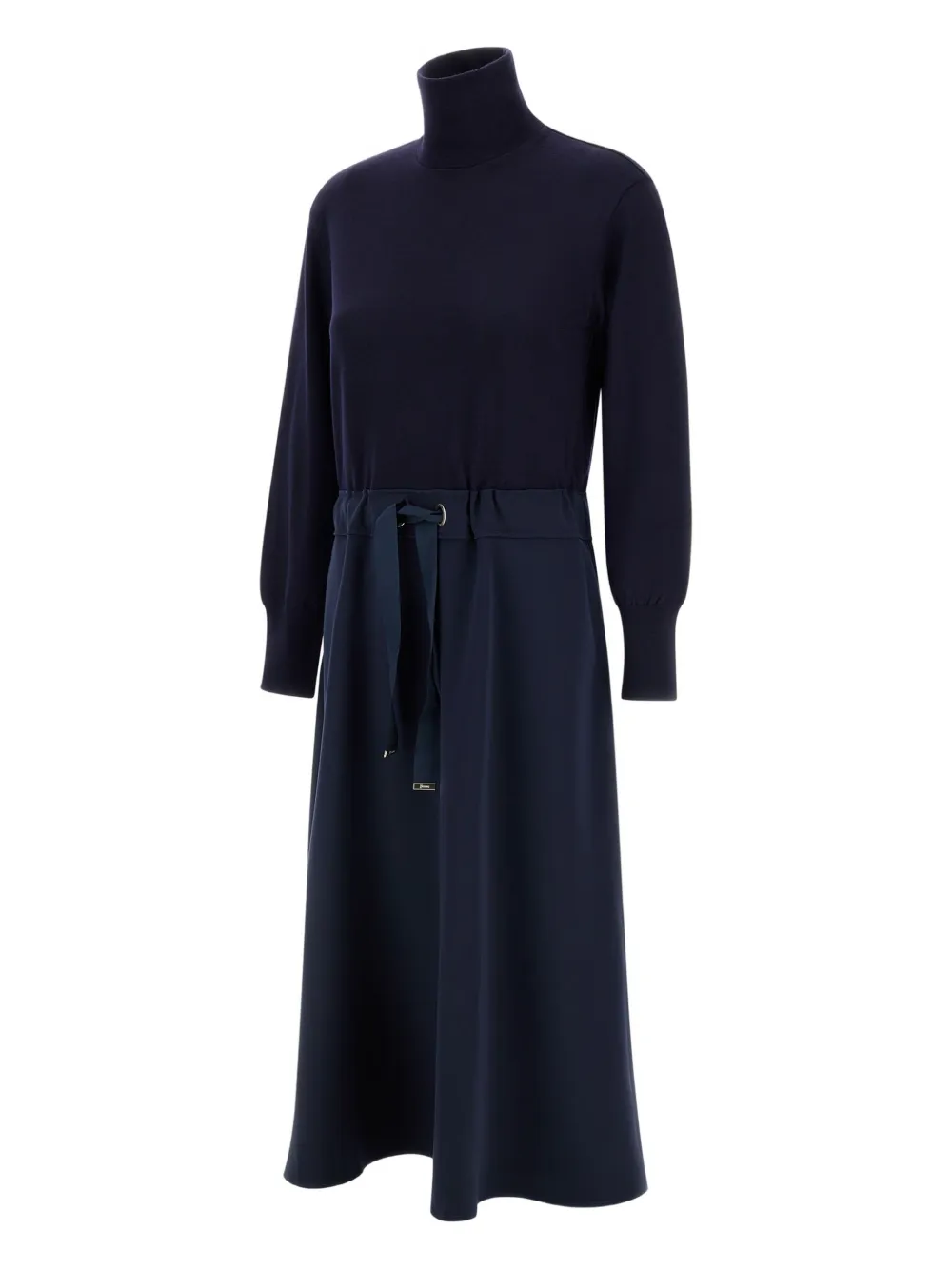 Herno Maxi Dress With High Collar And Adjustable Waist In Blue