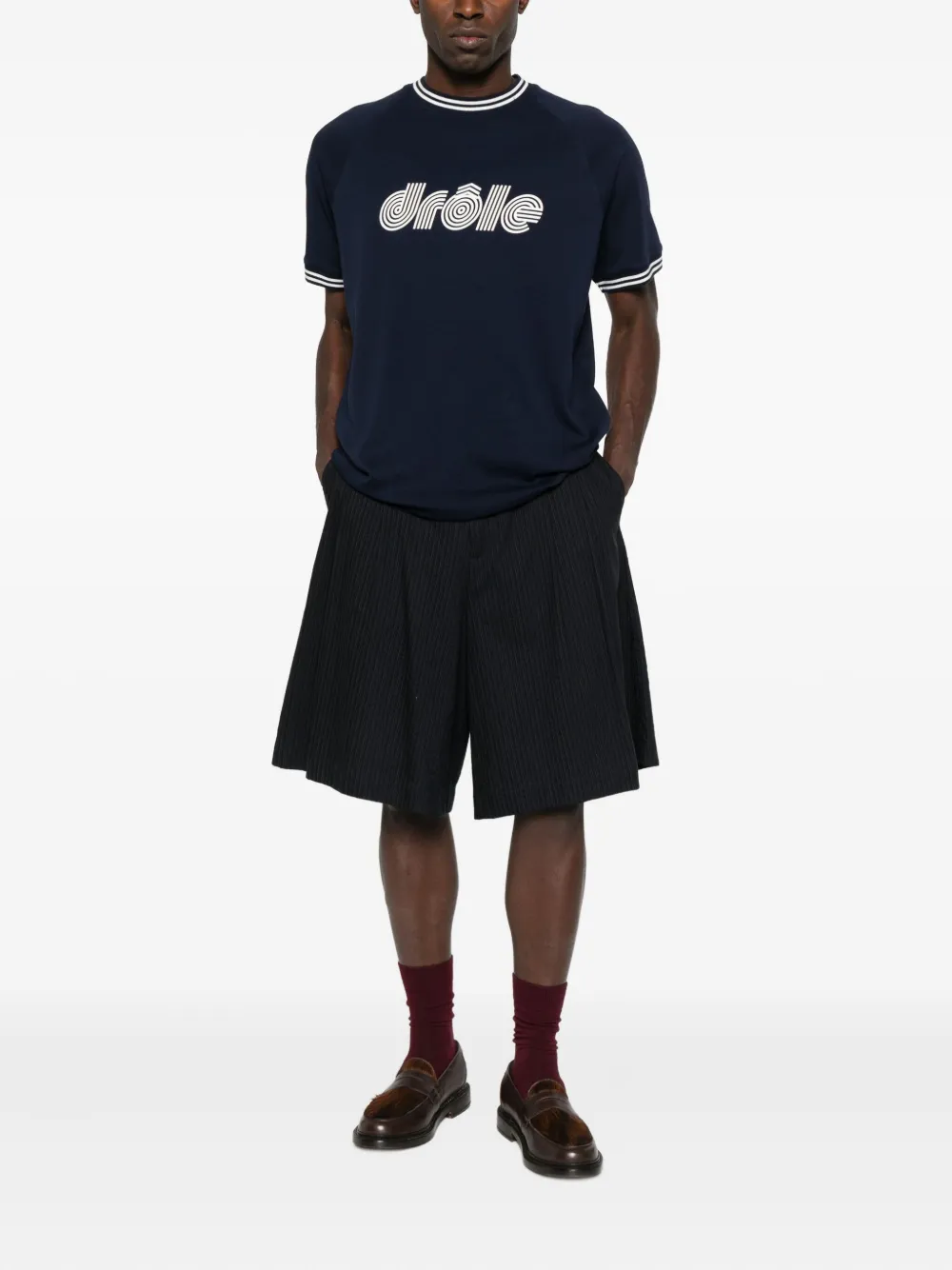 Drôle De Monsieur striped-trim raglan-sleeve T-shirt - Blauw