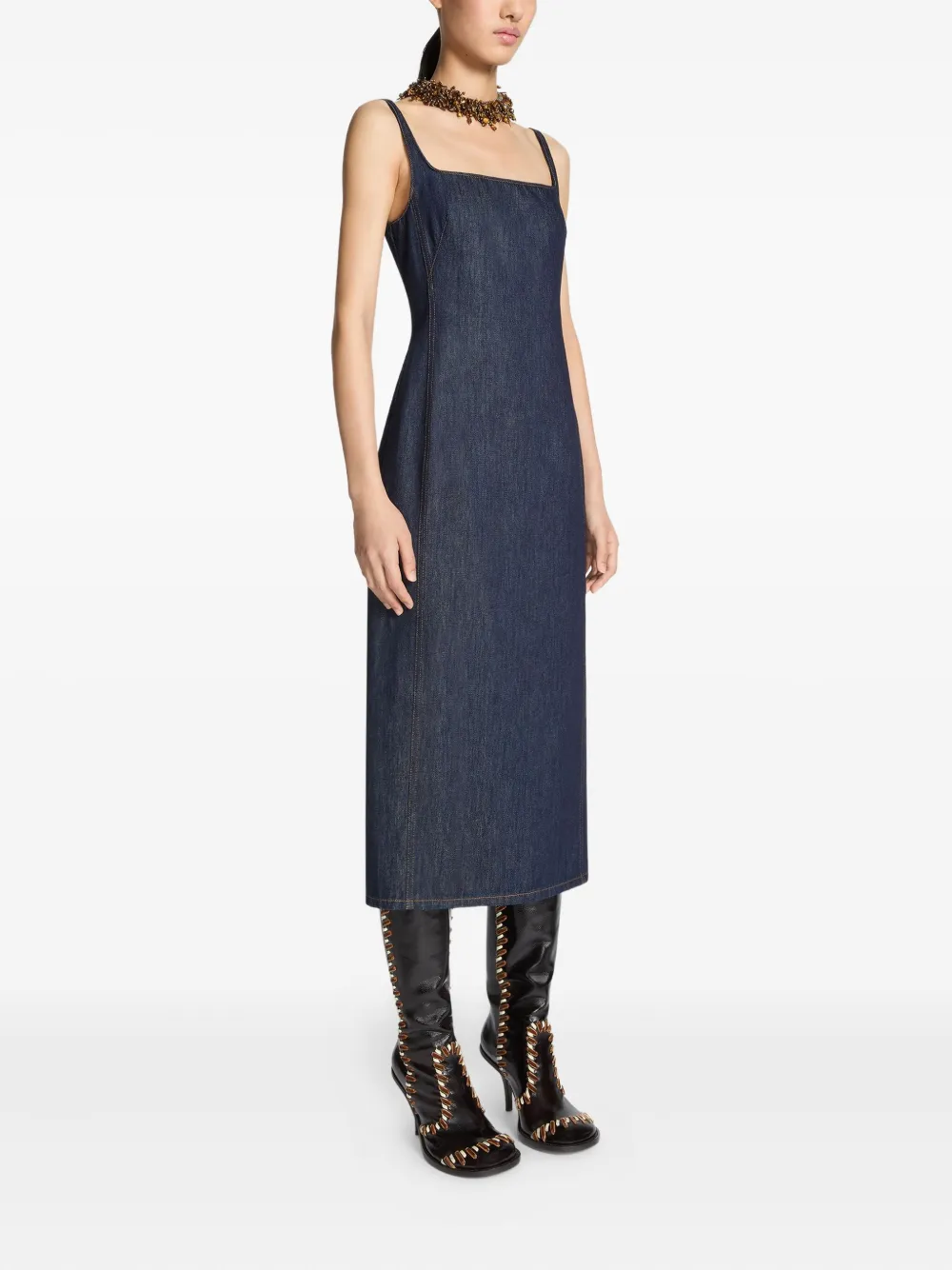 Dries Van Noten Square-neck Denim Midi Dress In Blue