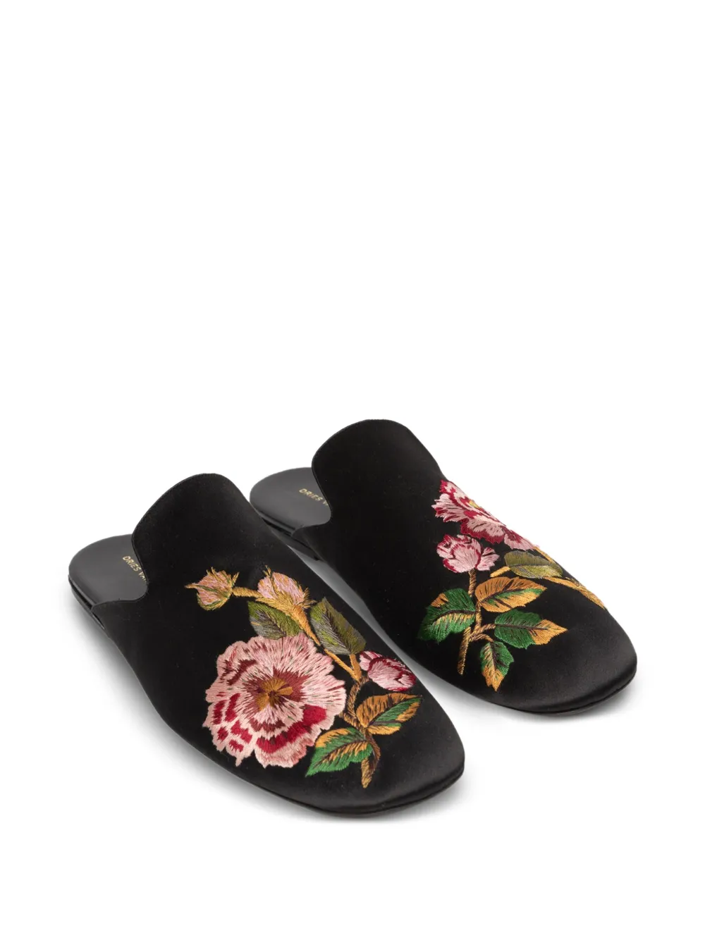 DRIES VAN NOTEN Muiltjes met geborduurde bloemen Zwart