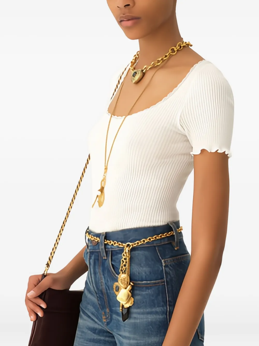 Chloé T-shirt met diepe ronde hals en kanten afwerking Wit