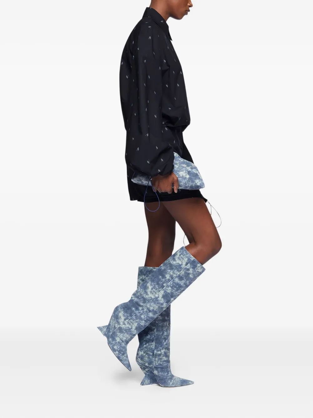 Attico Drawstring Shirt Mini Dress In Blue