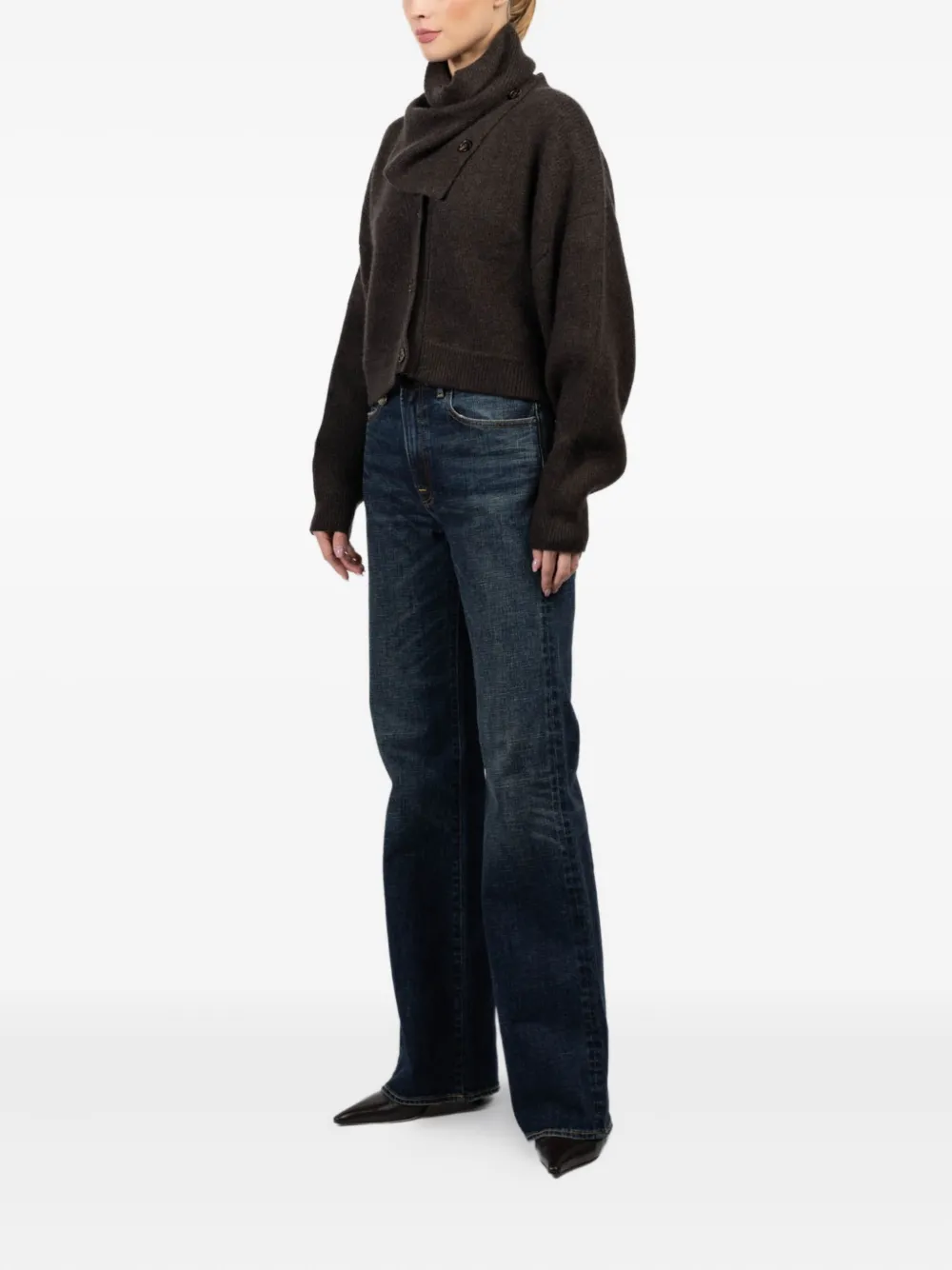 Le Kasha Button-fastening Funnel-neck Cardigan In Brown