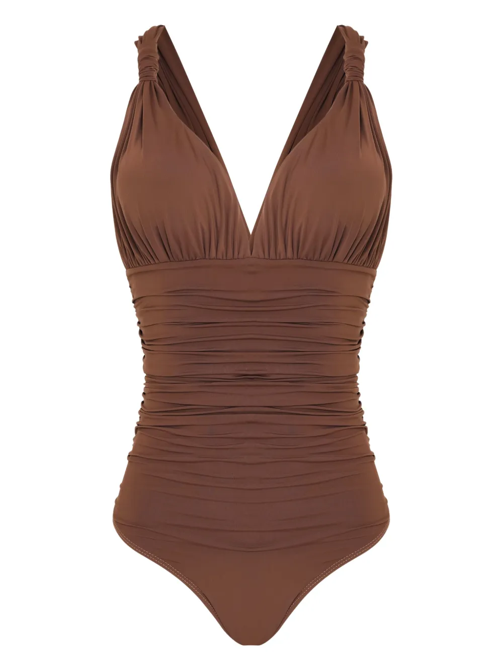 Brigitte Eli Knotted V-neck Swimsuit In Brown