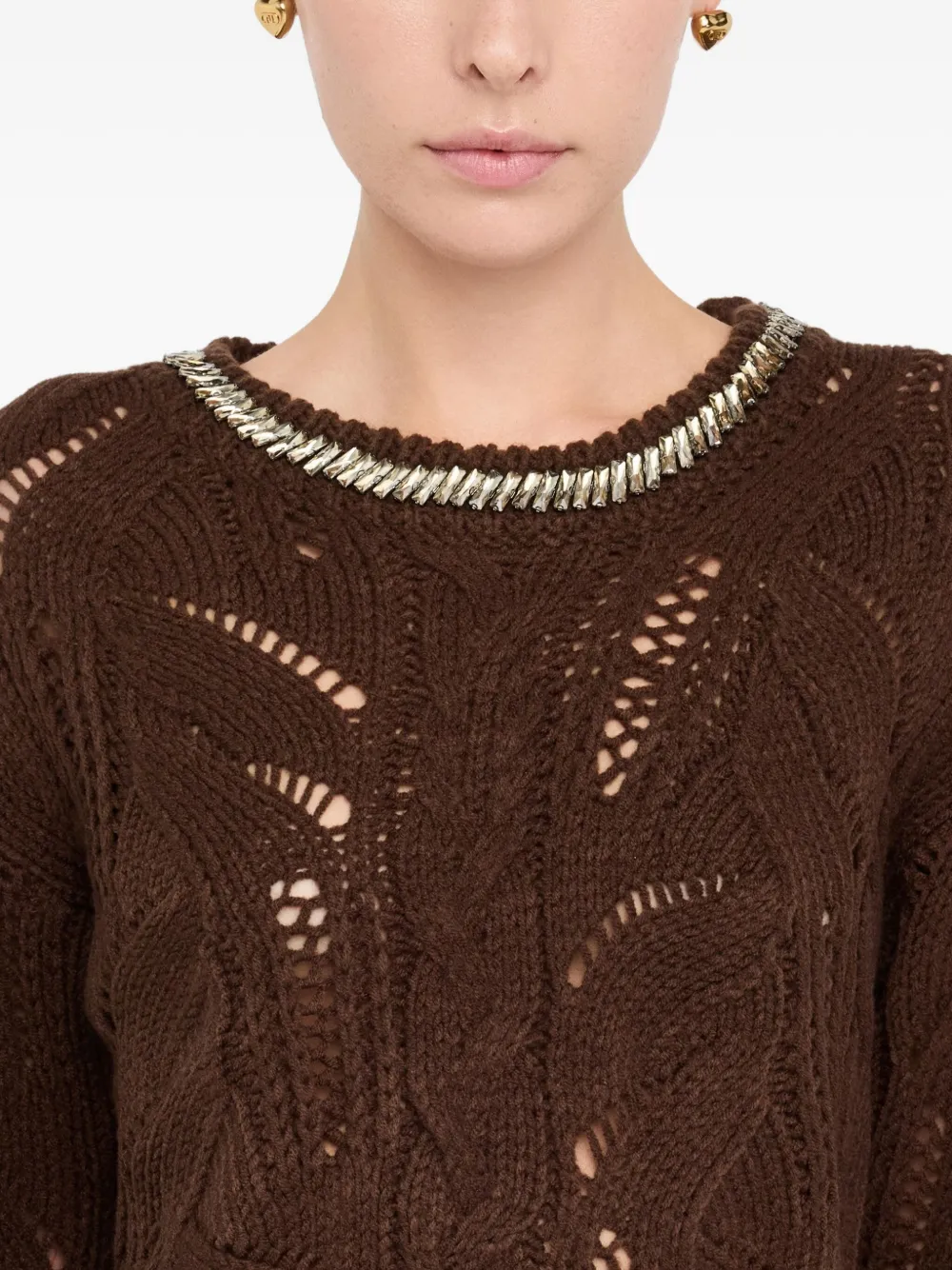 Liu •jo Gemstone-embellished Openwork Sweater In Brown