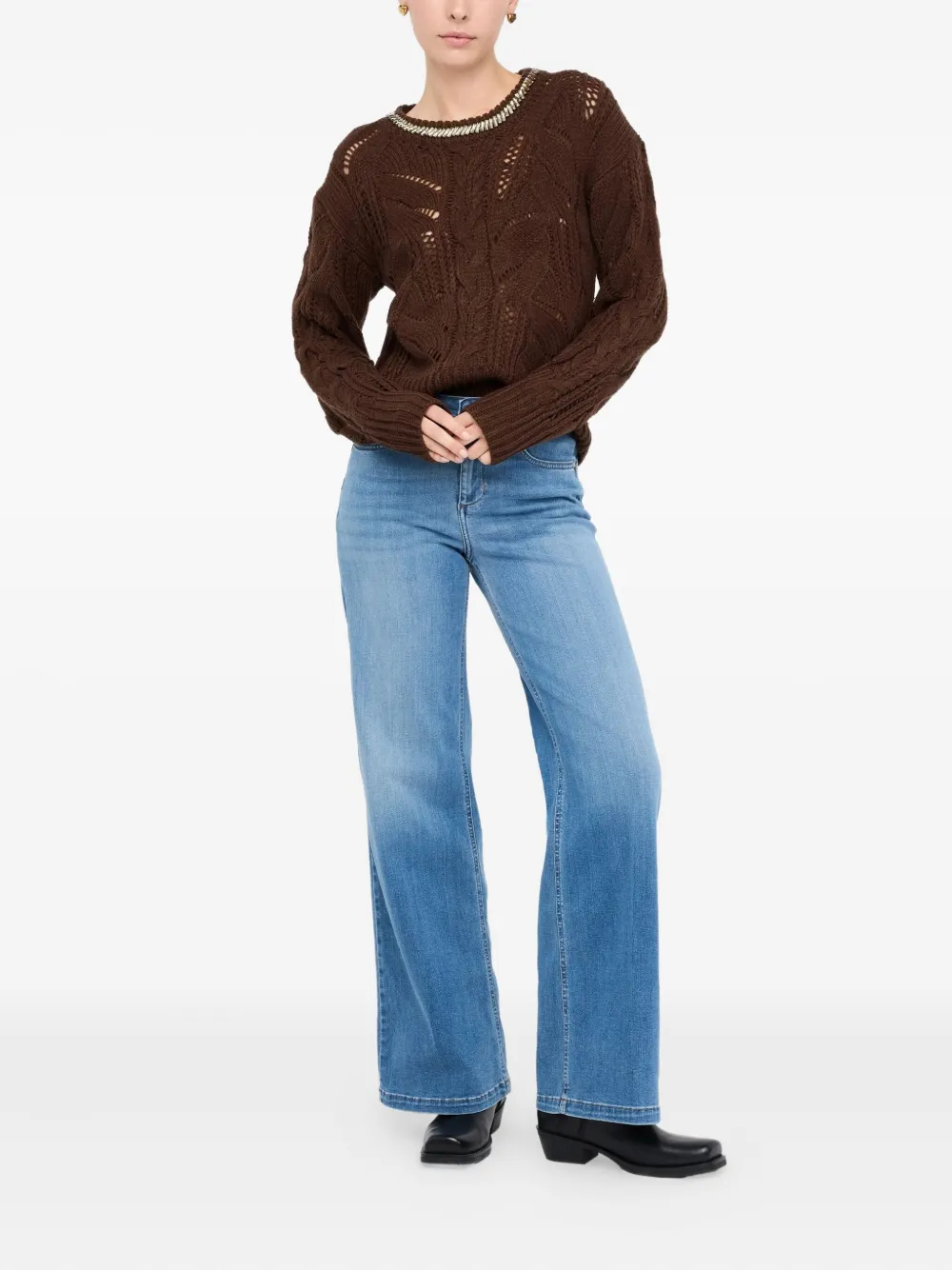 Liu •jo Gemstone-embellished Openwork Sweater In Brown