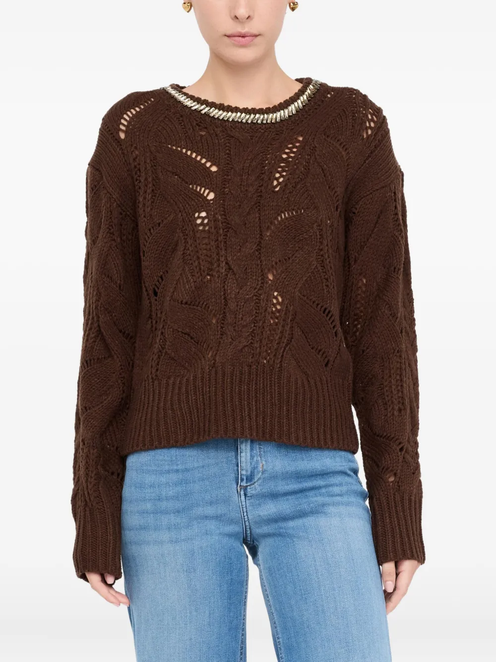 Liu •jo Gemstone-embellished Openwork Sweater In Brown