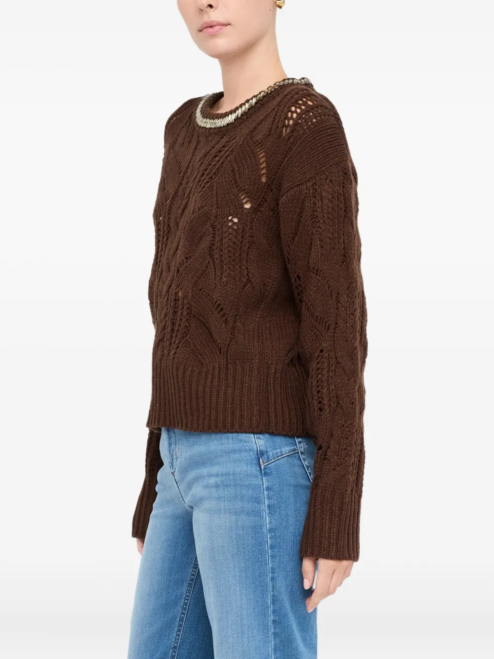 Liu •jo Gemstone-embellished Openwork Sweater In Brown