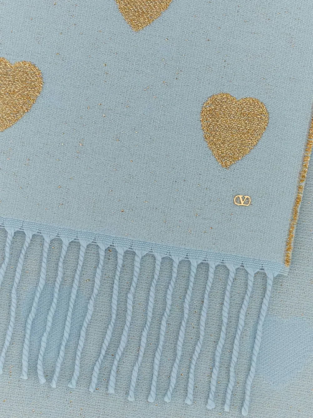 Valentino Heart Pattern Scarf Fringed Ends In Blue