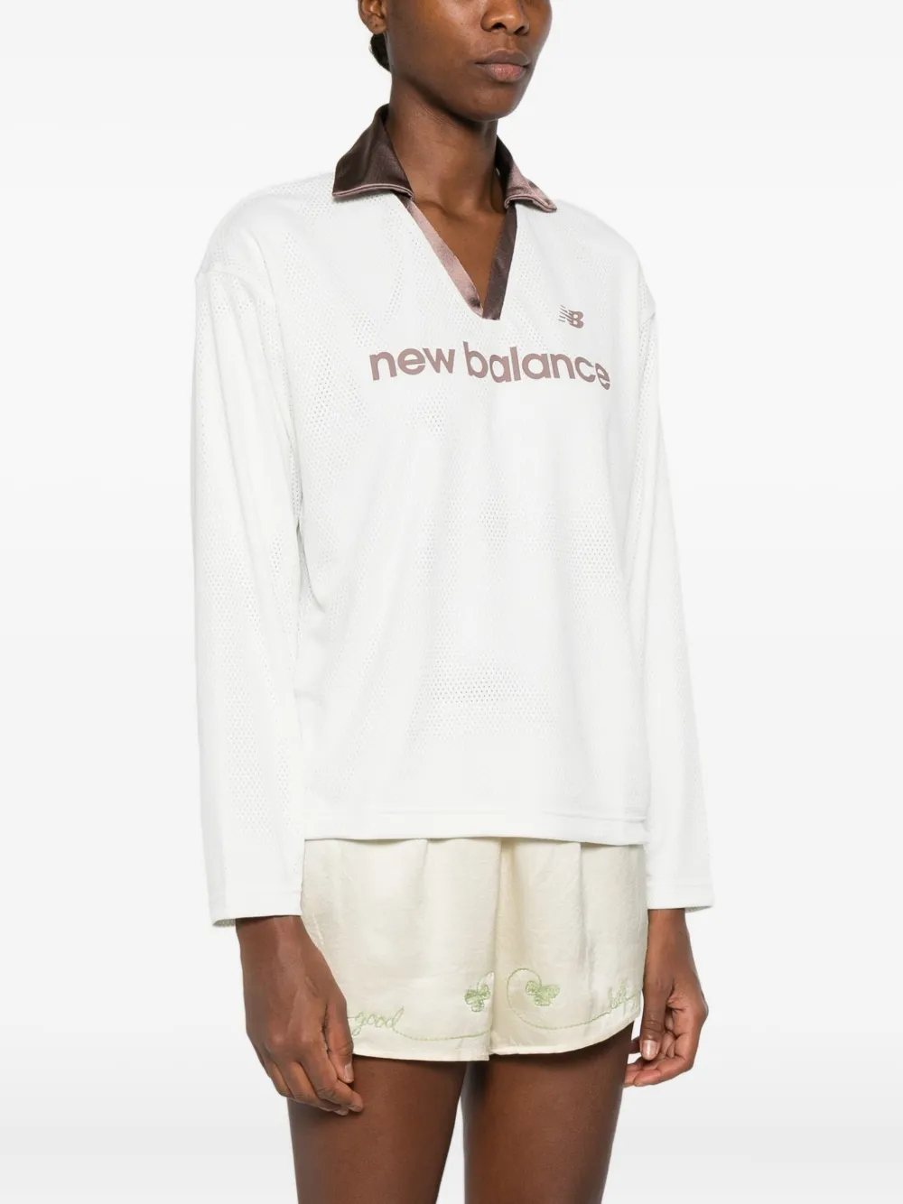 New Balance Top met satijnen kraag en logoprint Wit