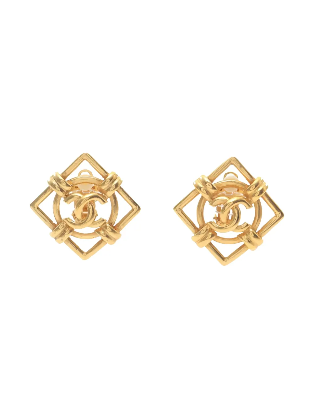 Pre-owned Chanel Square-frame Coco Mark Earrings In Gold