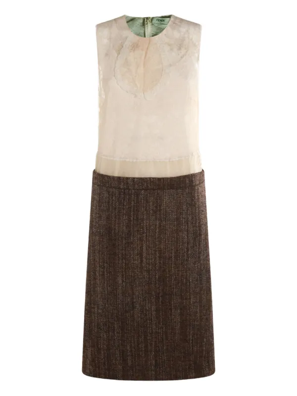 Fendi Lace-panel Tweed Dress in Neutrals