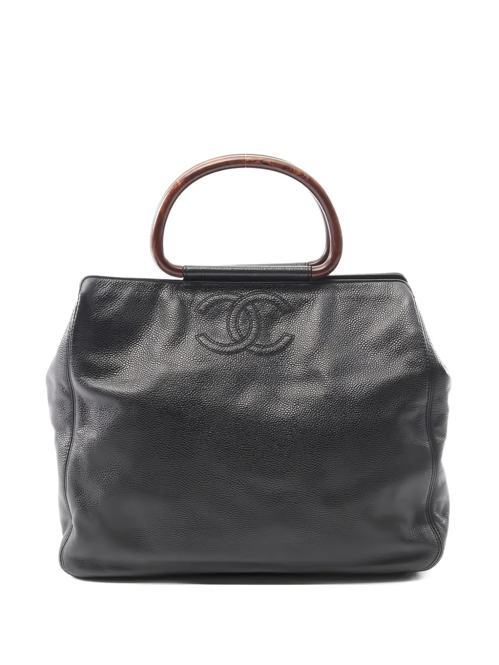 Pre-owned Chanel 2000-2002 Leather Wood-handle Tote Bag In Black