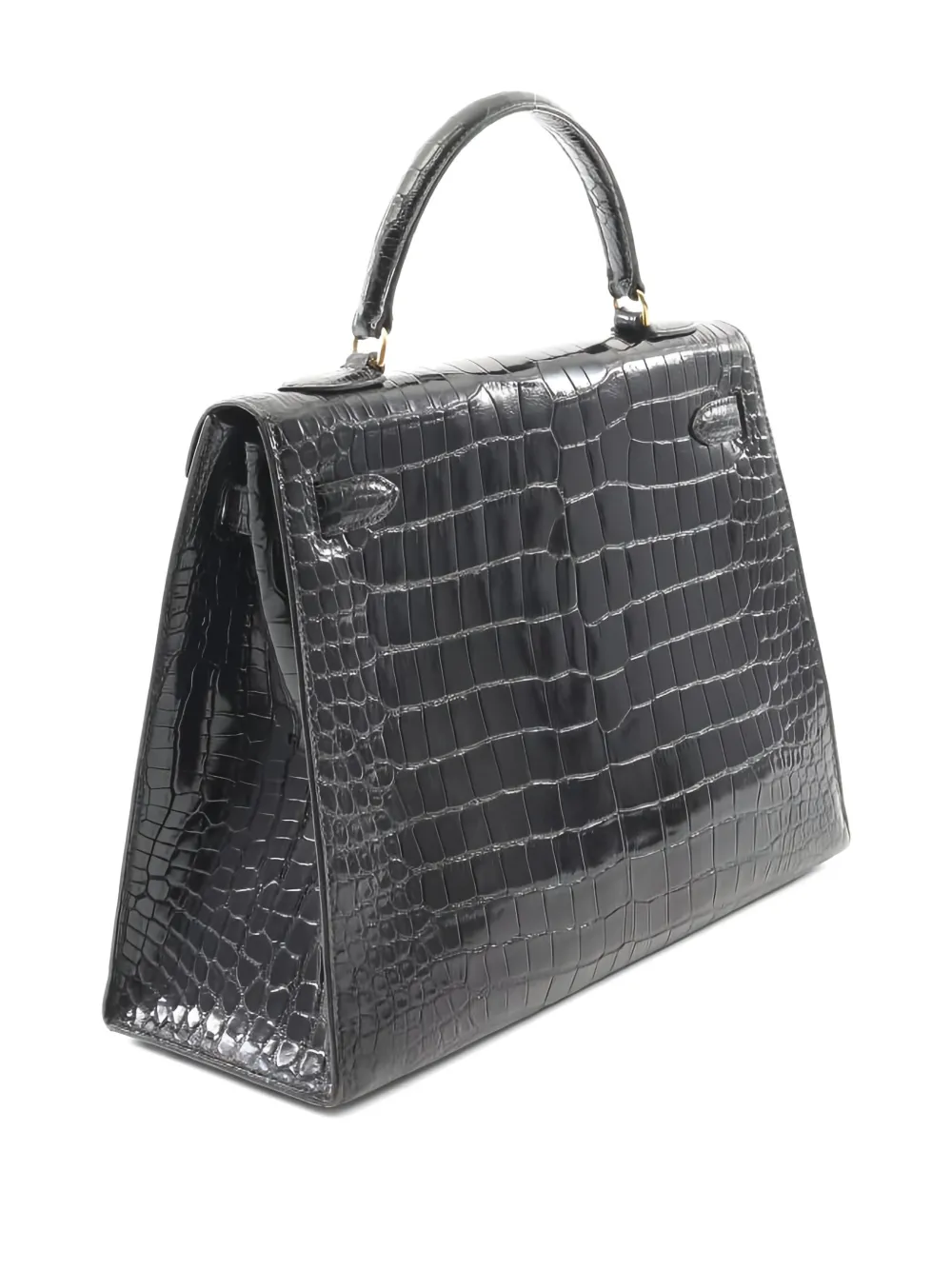 Pre-owned Hermes 1981 Kelly 32 Crocodile-embossed Two-way Handbag In Black