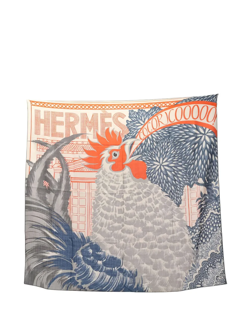 Hermès Pre-Owned 1920 COCORICOOOOO! 100 scarf - グレー Hermès Pre-Owned 1920 COCORICOOOOO! 100 scarf - グレー