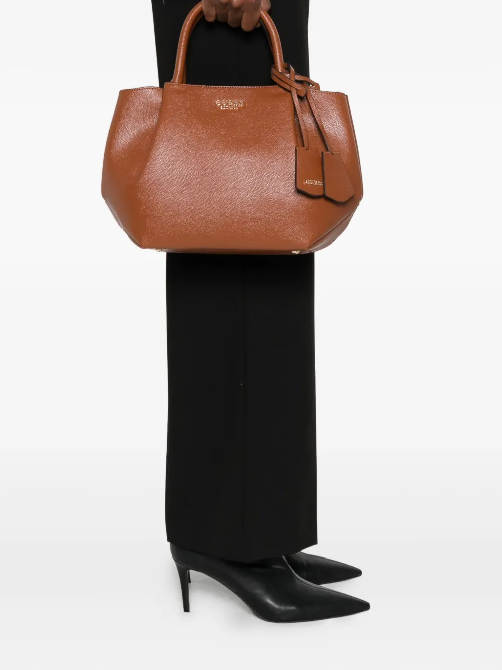 Guess Usa Leather Tote Bag In Brown