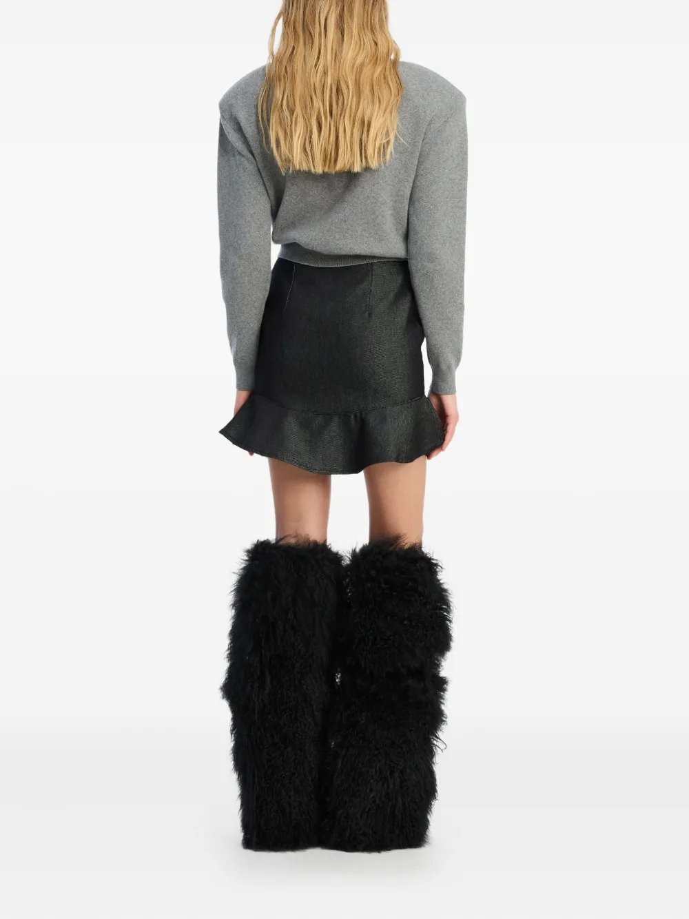 Rotate Birger Christensen Ruffle-denim Mini Skirt In Black