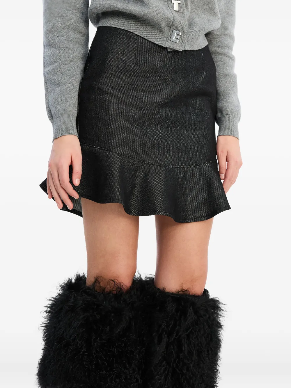 Rotate Birger Christensen Ruffle-denim Mini Skirt In Black